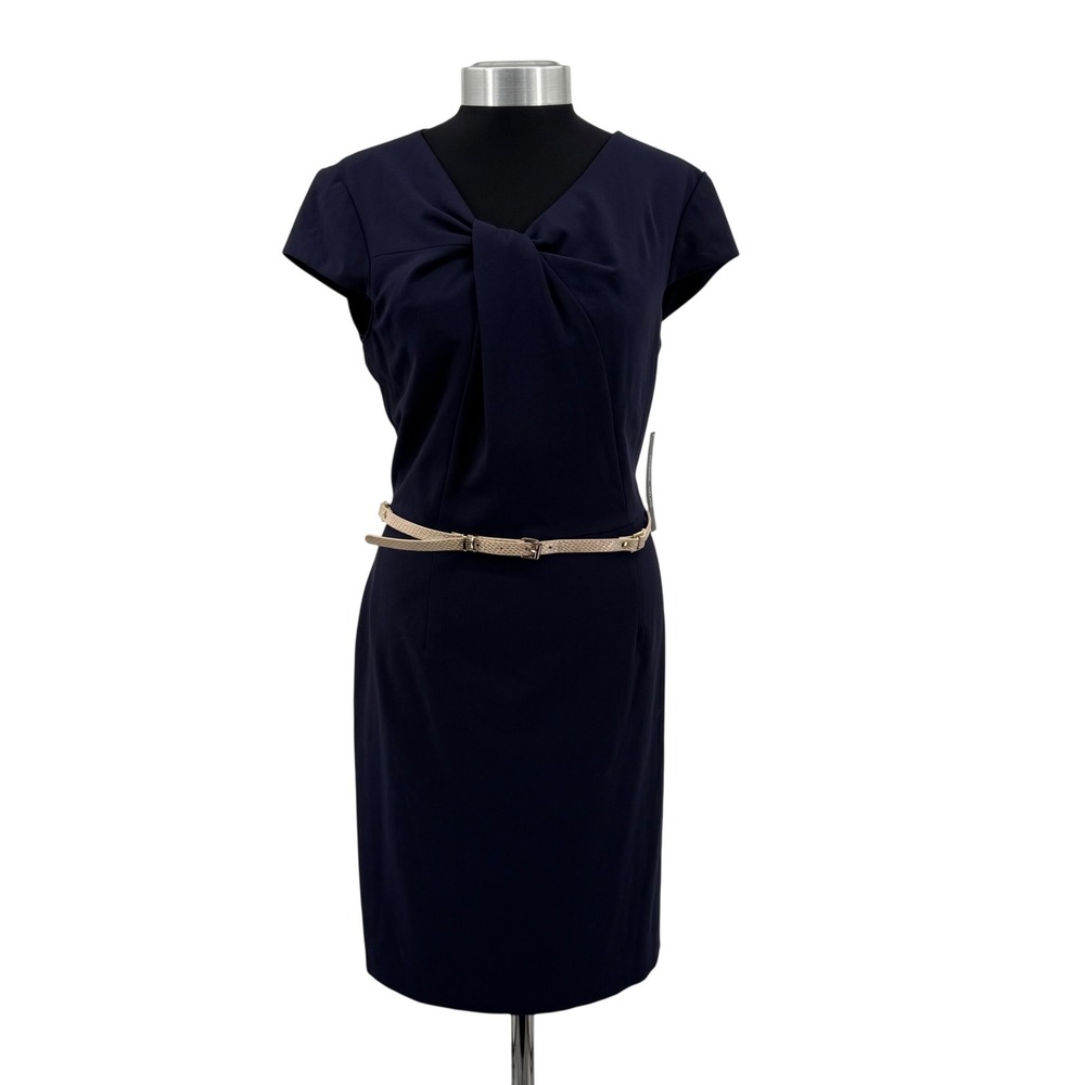 Antonio Melani Navy Blue‎ Twist Neck Belted Sheath Dress Cap Sleeve Size 12